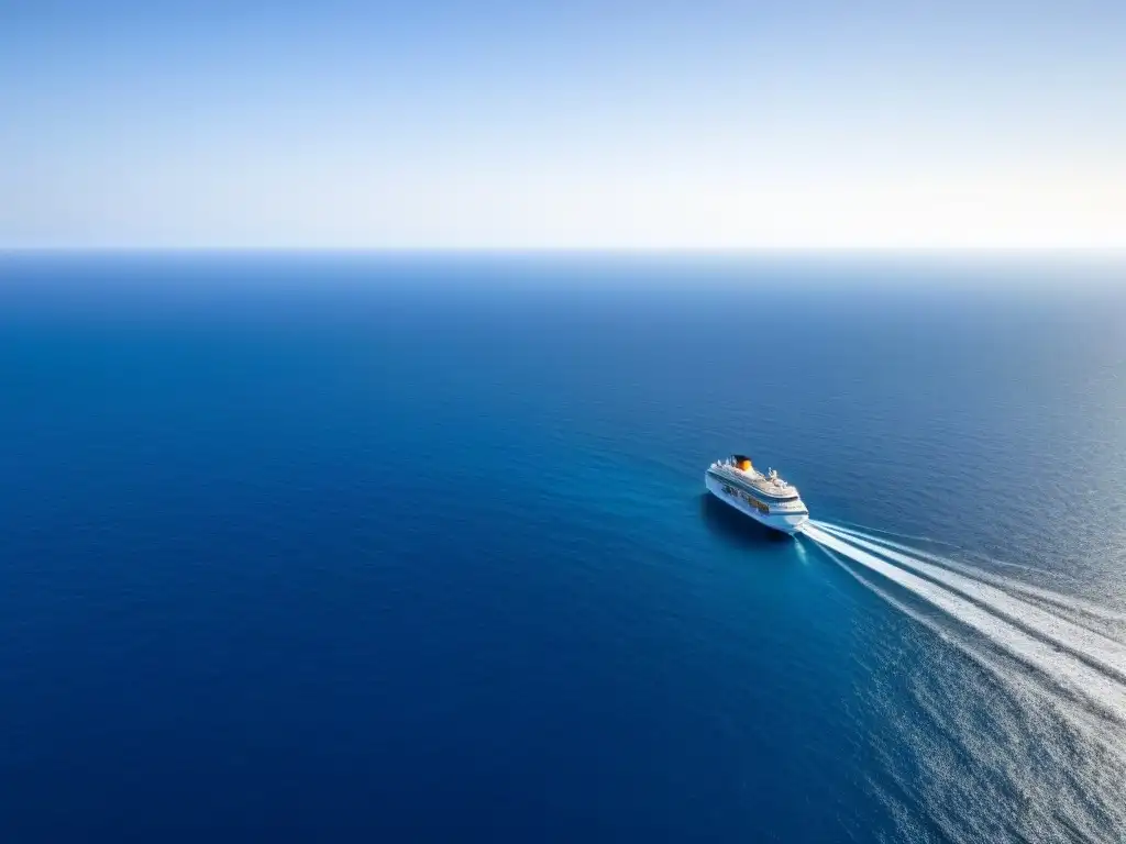 Un crucero eco amigable navegando en un océano cristalino, reflejando el cielo azul