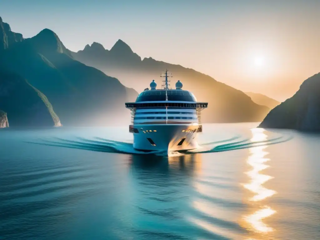 Un crucero eco sostenible navegando con energía renovable en aguas cristalinas al atardecer