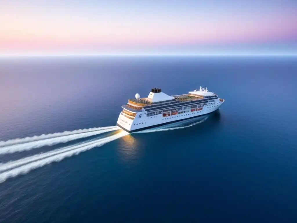 Un crucero ecoamigable navegando en aguas cristalinas, rodeado de naturaleza en una costa remota, con innovaciones sostenibles en turismo marítimo