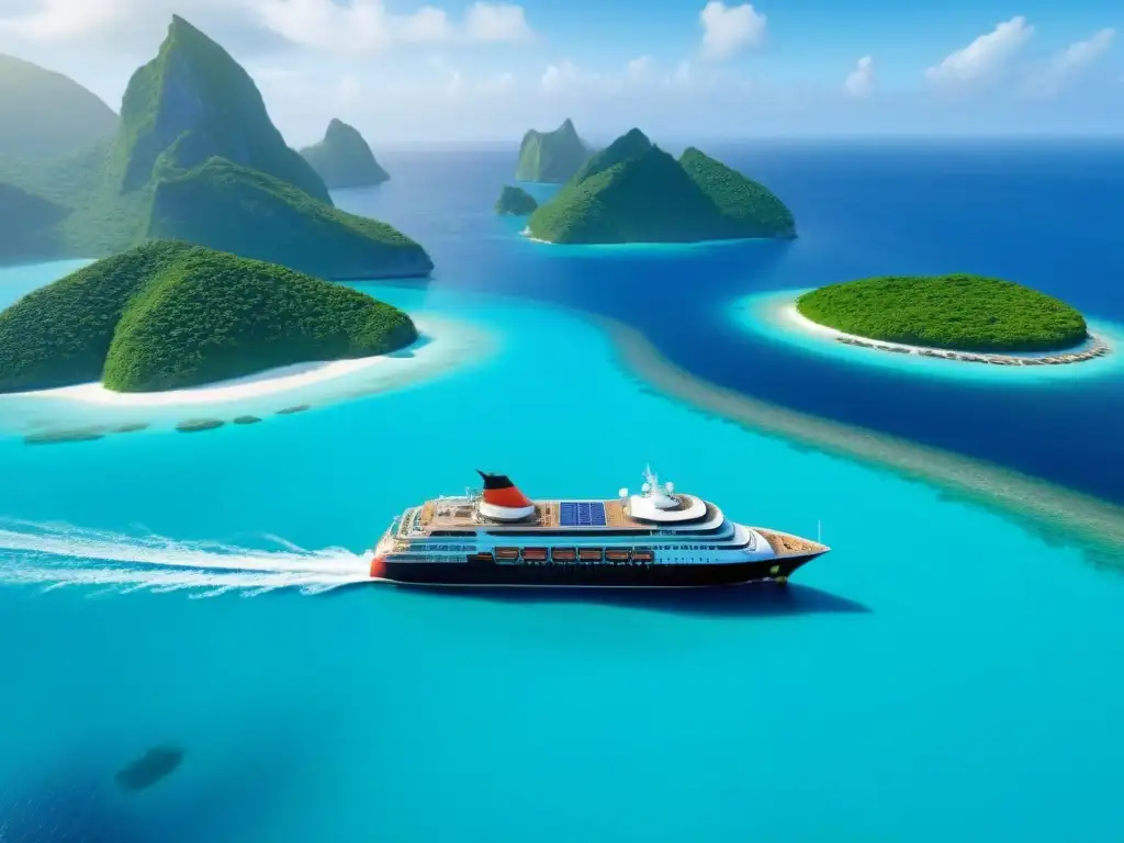 Un crucero ecoamigable navega entre aguas turquesa, con paneles solares y delfines, ideal para cruceros marítimos sostenibles ecoaventuras