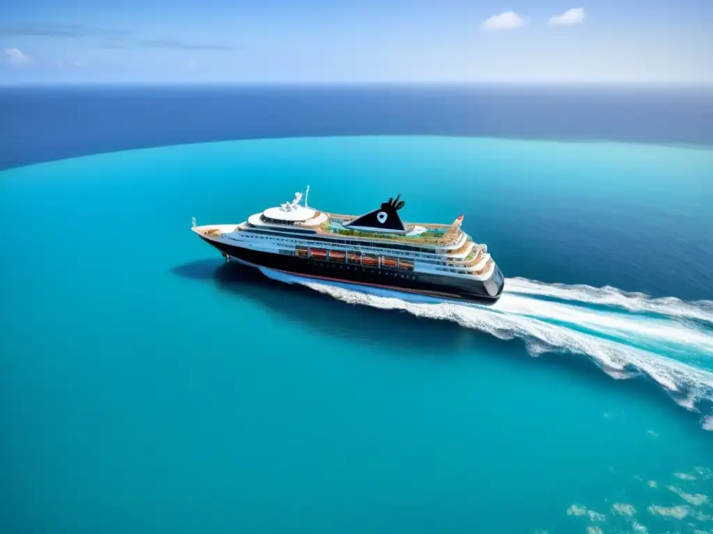 Un crucero ecoamigable surca aguas turquesa, con vegetación, paneles solares y delfines, ejemplificando el turismo responsable en cruceros