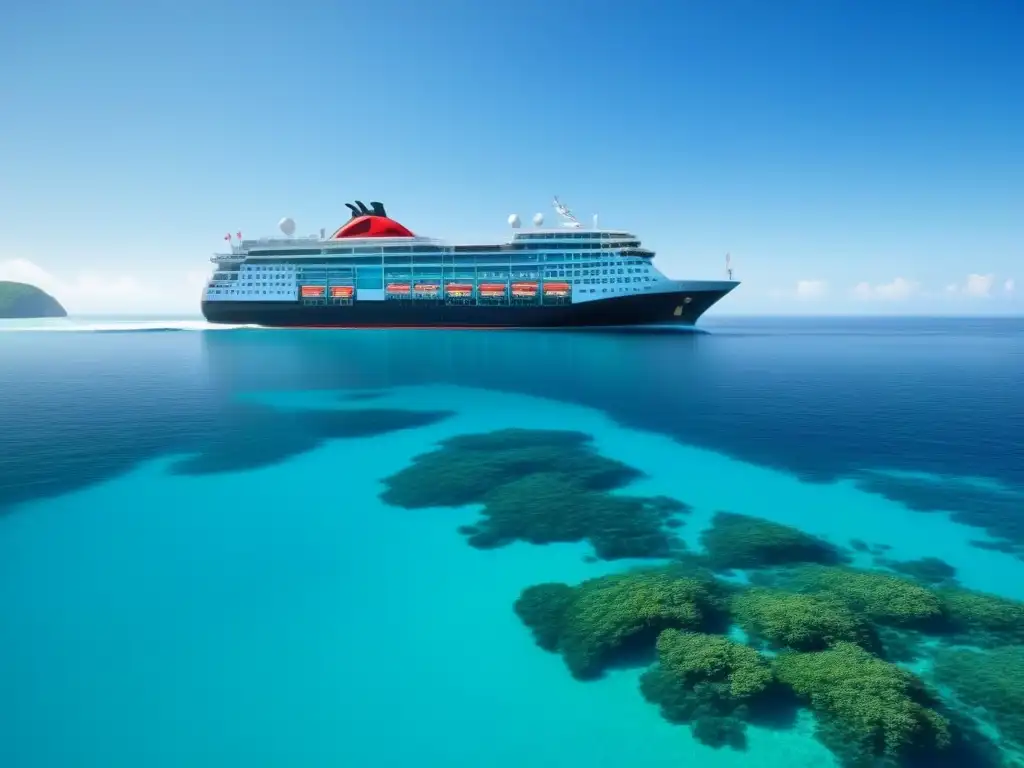 Un crucero ecoamigable navegando en aguas turquesas, rodeado de naturaleza exuberante y vida marina, reflejando armonía y responsabilidad ambiental