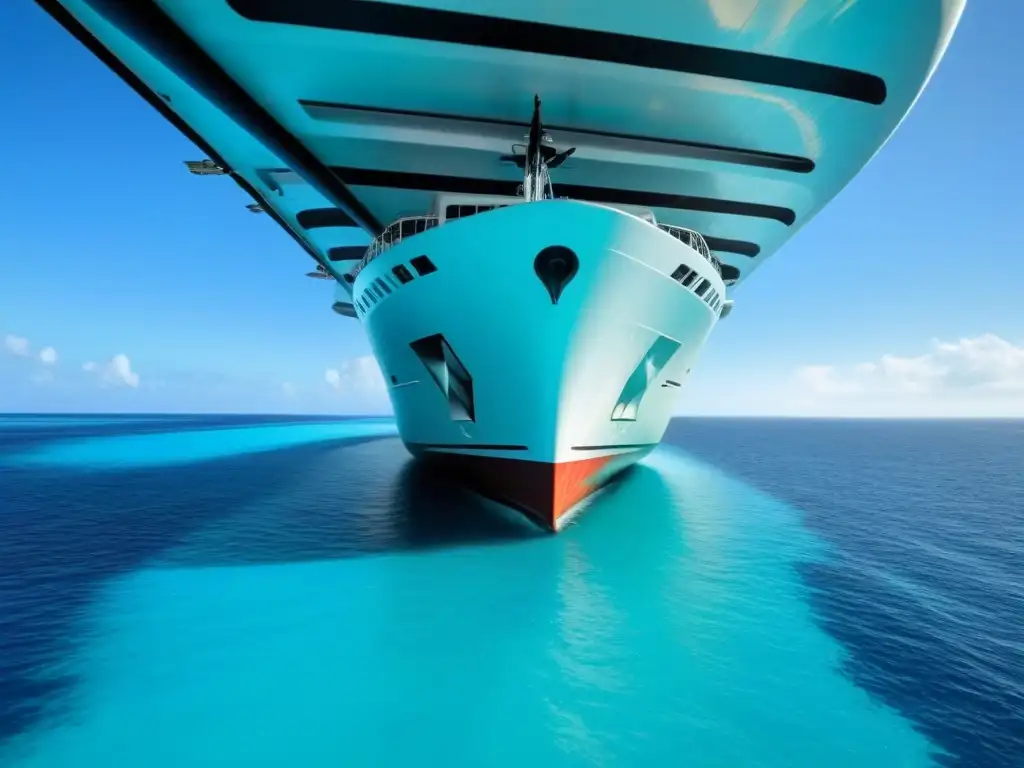 Un crucero ecoamigable navegando en aguas turquesas, rodeado de naturaleza exuberante y arrecifes de coral llenos de vida marina