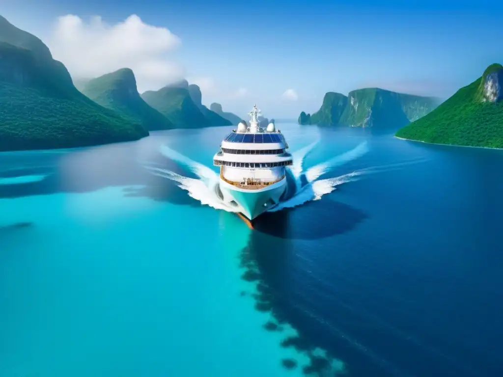 Un crucero ecoamigable navegando en aguas turquesas, rodeado de islas verdes