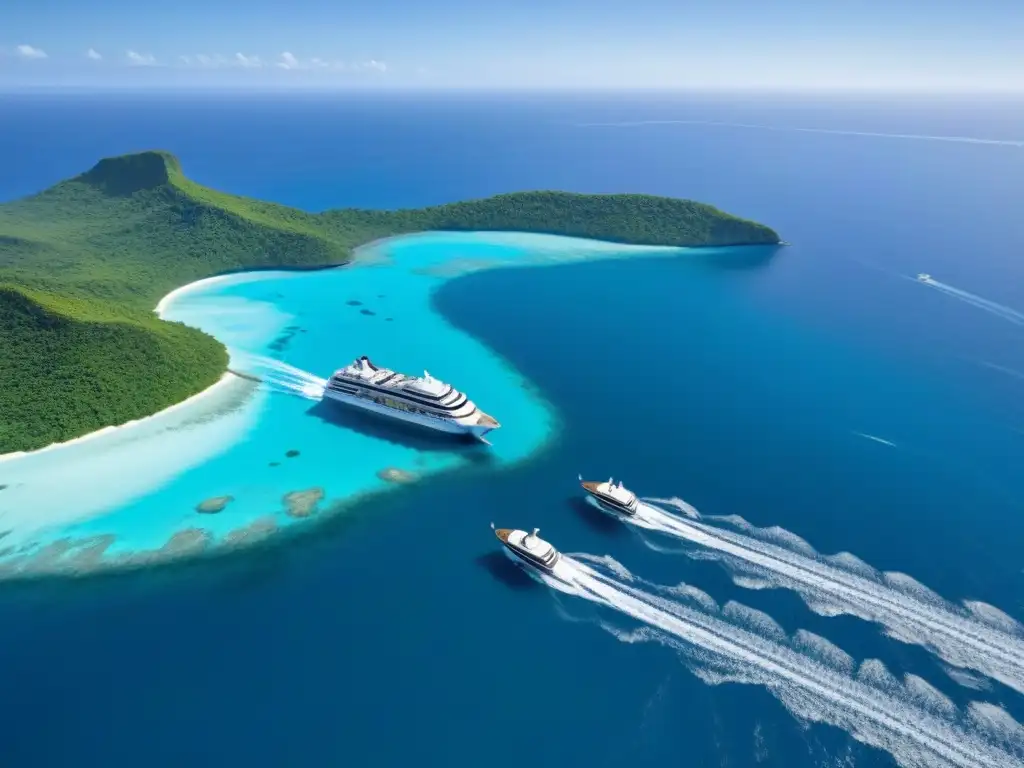 Un crucero ecoamigable navegando por aguas turquesas, rodeado de islas tropicales