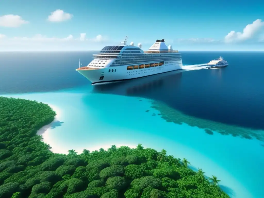 Un crucero ecoamigable con automatización en cruceros marítimos navegando en aguas cristalinas, rodeado de exuberante vegetación en una isla tropical