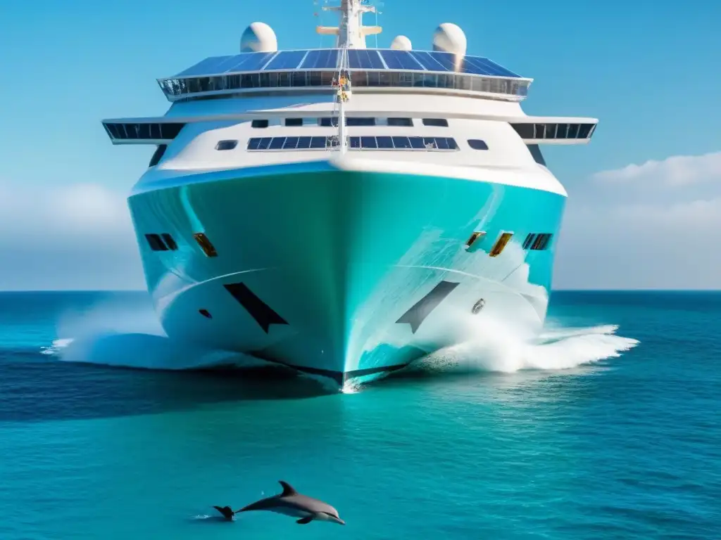 Un crucero ecoamigable con diseño para bienestar navega en aguas cristalinas, con paneles solares brillando bajo el sol y delfines jugando en el fondo