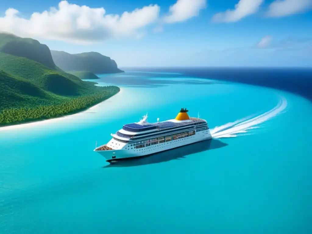 Un crucero ecoamigable innovador navega por aguas turquesas rodeado de islas tropicales verdes