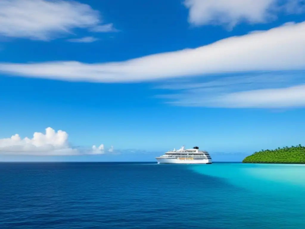 Un crucero ecoamigable navega en un océano cristalino, rodeado de vida marina y exuberante vegetación en una isla remota, en armonía con la naturaleza