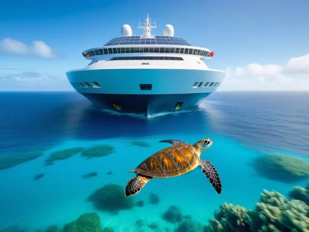 Un crucero ecoamigable con paneles solares y turbinas eólicas, rodeado de vida marina colorida