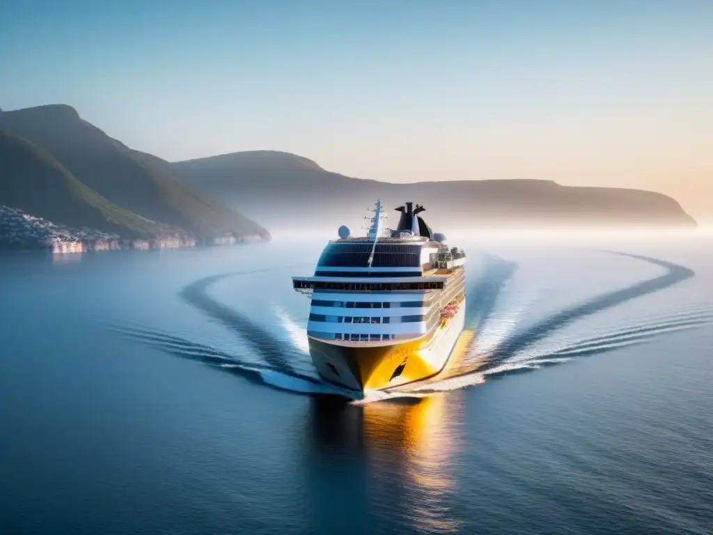 Crucero ecoeficiente al atardecer: energía solar en alta mar Un crucero ecoamigable con paneles solares integrados, navegando al atardecer