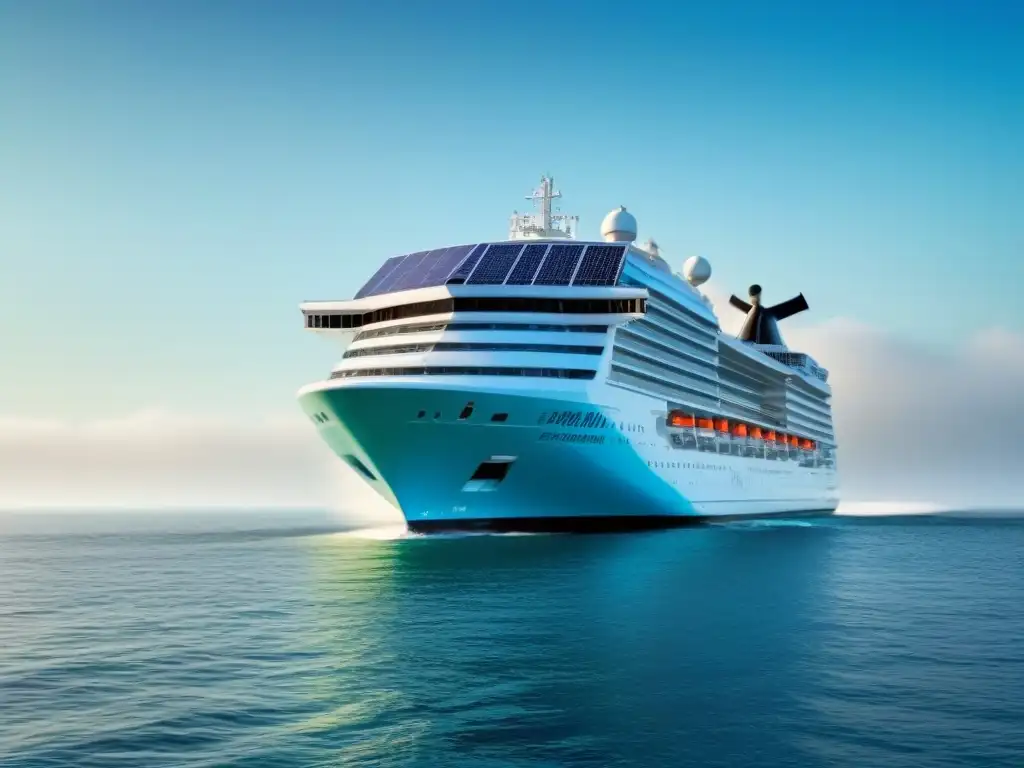 Un crucero ecoeficiente navega en aguas cristalinas, con paneles solares relucientes