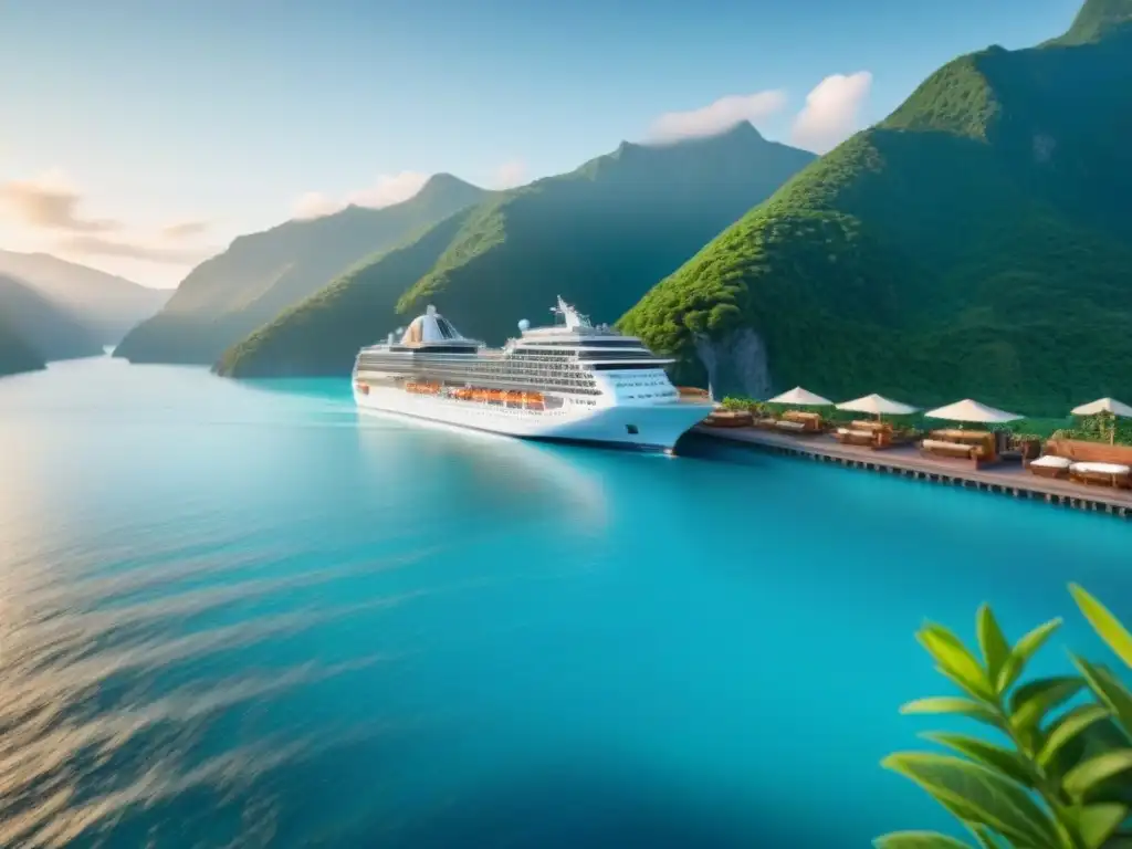 Un crucero ecofriendly navegando en aguas turquesas, rodeado de montañas verdes, con pasajeros disfrutando de una comida orgánica al atardecer