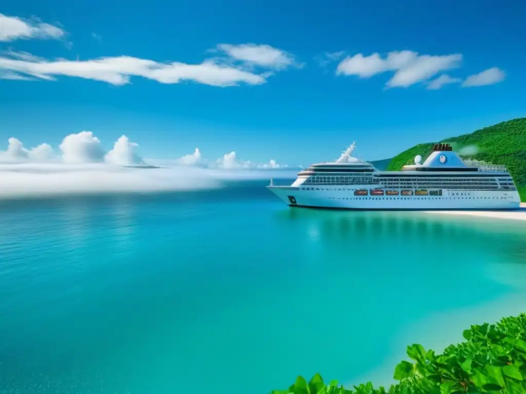 Un crucero ecofriendly con certificaciones ecológicas navegando en aguas cristalinas y rodeado de naturaleza exuberante