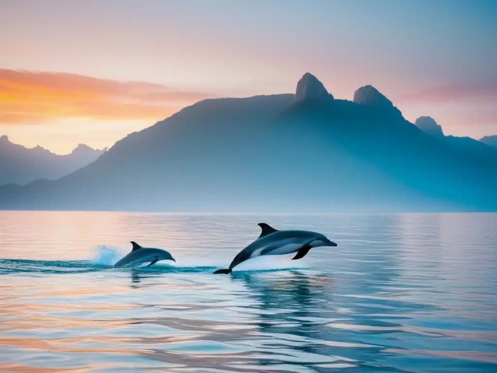 Crucero ecofriendly y delfines en paisaje costero al atardecer