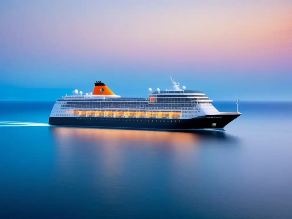 Un crucero ecológico surca aguas cristalinas al amanecer, con paneles solares y turbinas eólicas