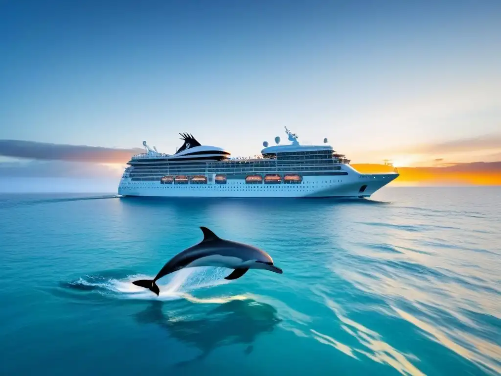 Un crucero ecológico navega en aguas cristalinas al atardecer, rodeado de delfines