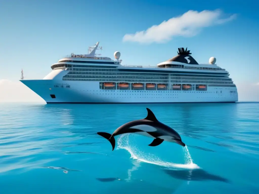 Un crucero ecológico navegando en aguas cristalinas con delfines elegantes, reflejando armonía