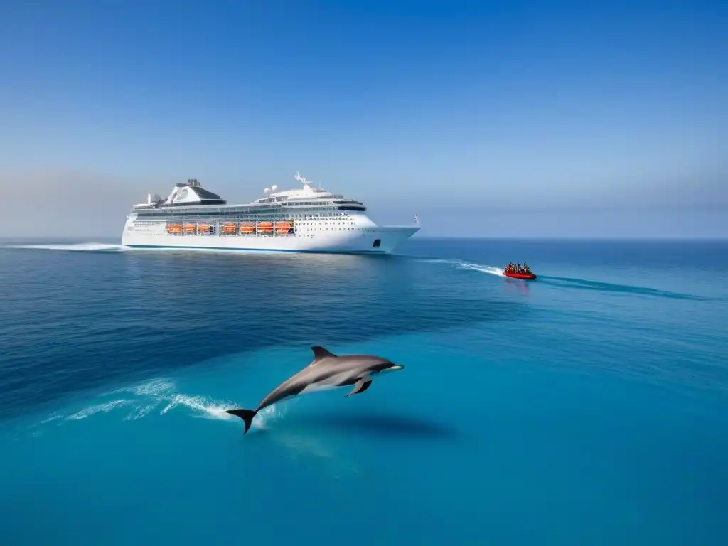 Un crucero ecológico en aguas cristalinas, rodeado de delfines, transmite armonía entre turismo marítimo sostenible y vida marina