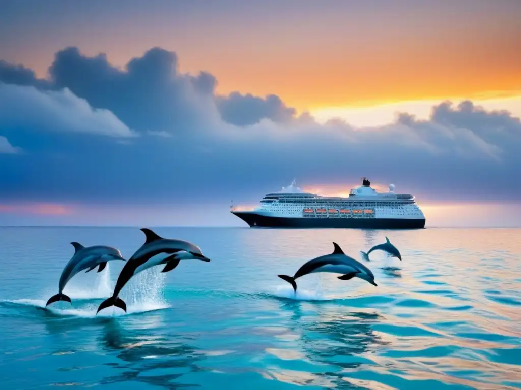 Un crucero ecológico surca aguas cristalinas con delfines y aves marinas al atardecer