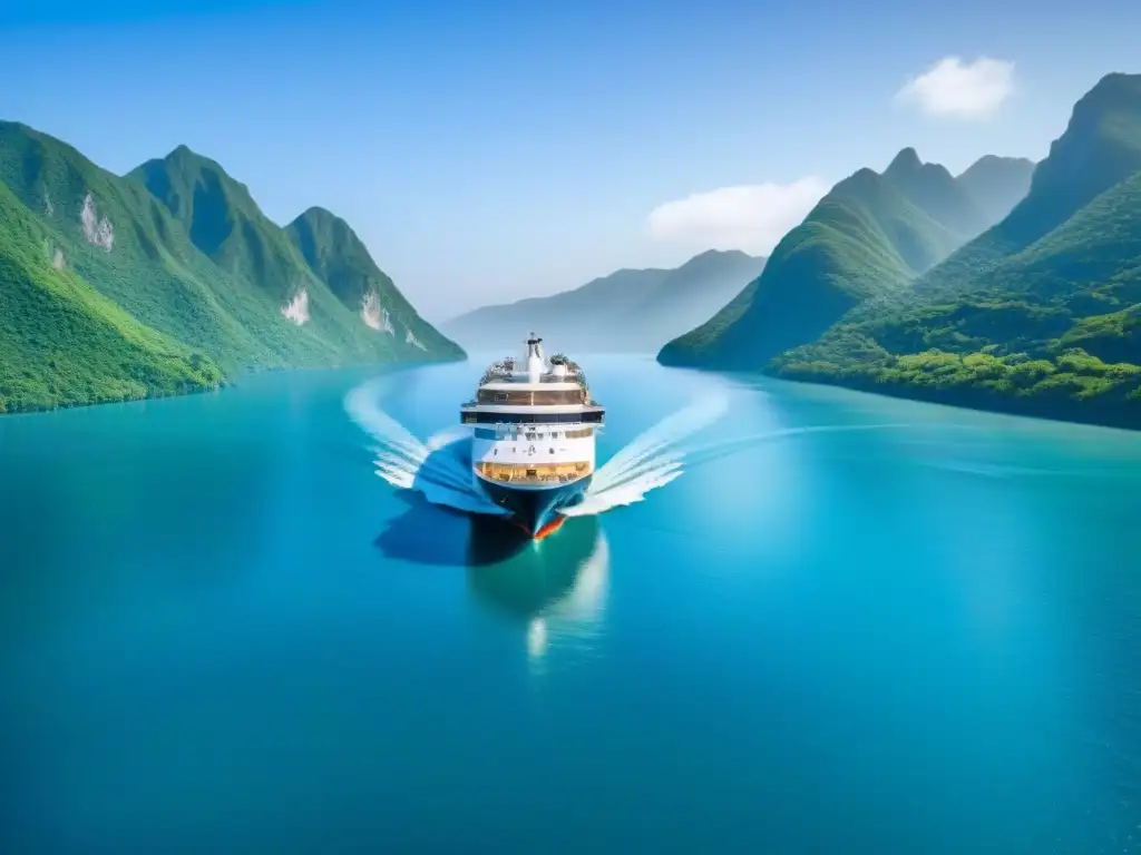Un crucero ecológico surca aguas cristalinas entre montañas verdes bajo un cielo azul