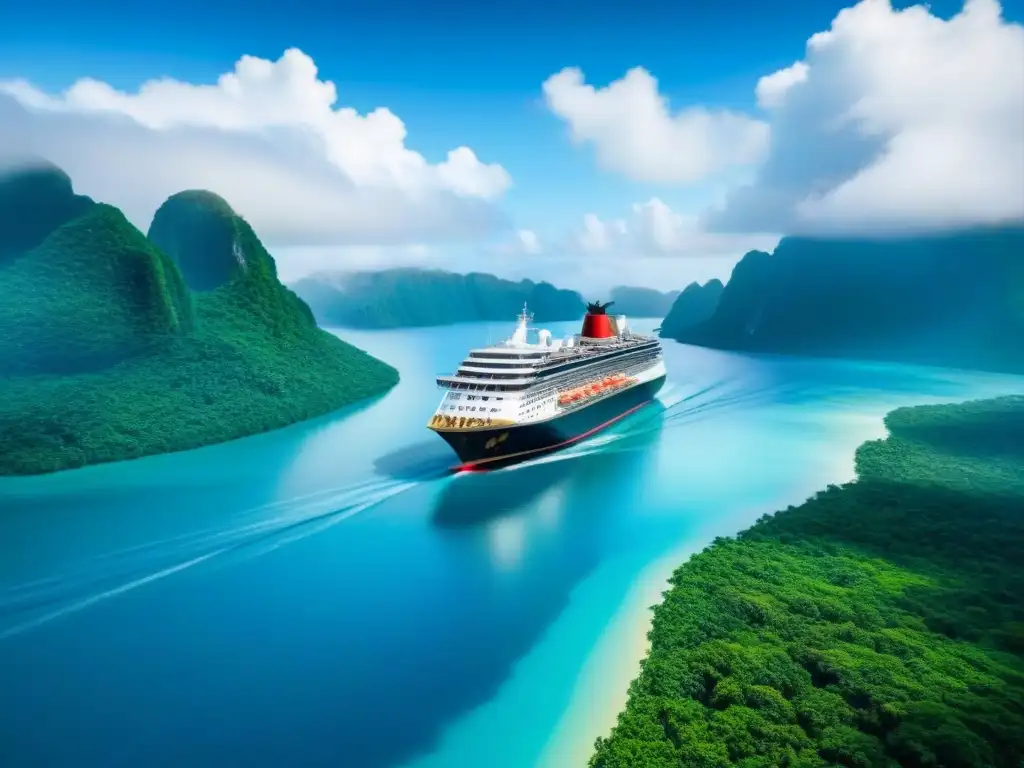 Un crucero ecológico surcando aguas cristalinas, rodeado de exuberante vegetación