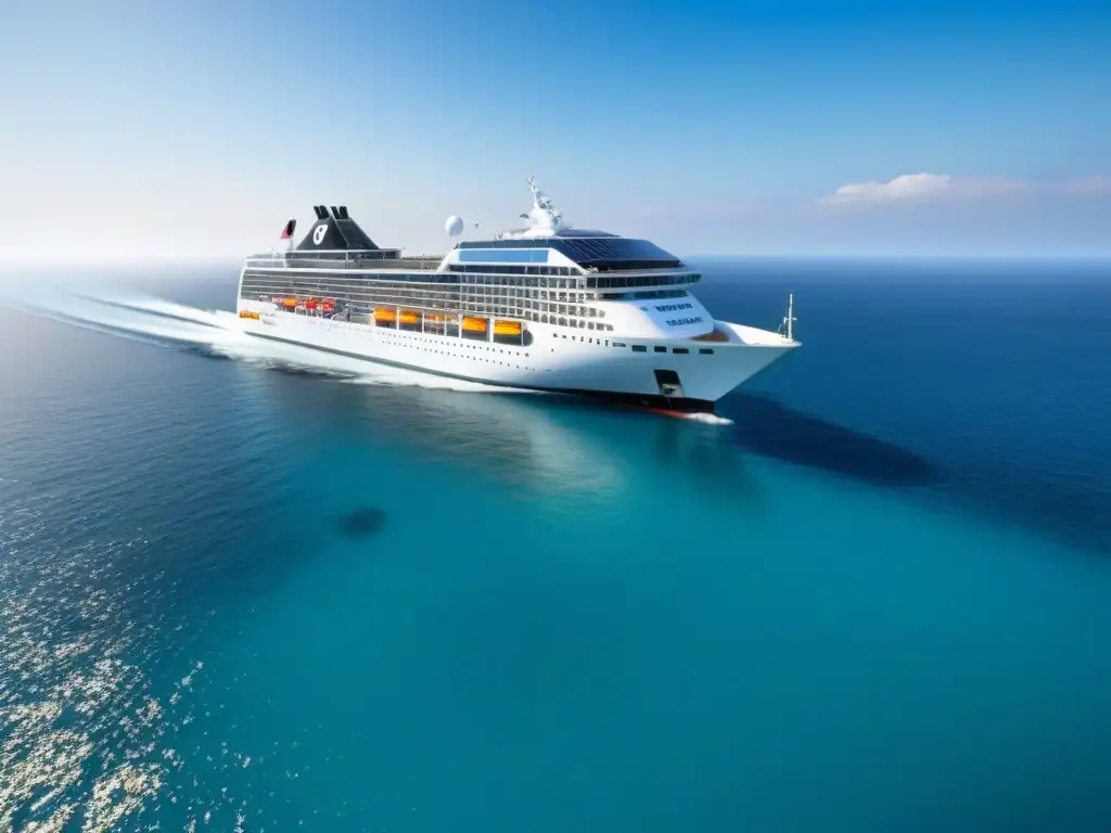 Un crucero ecológico surca aguas cristalinas con paneles solares brillantes