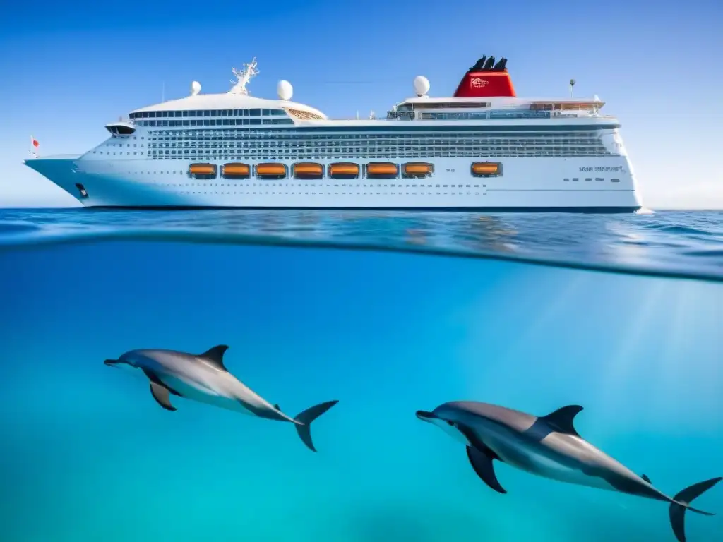 Un crucero ecológico navegando en aguas cristalinas con delfines, ilustrando la armonía entre turismo marítimo y vida marina