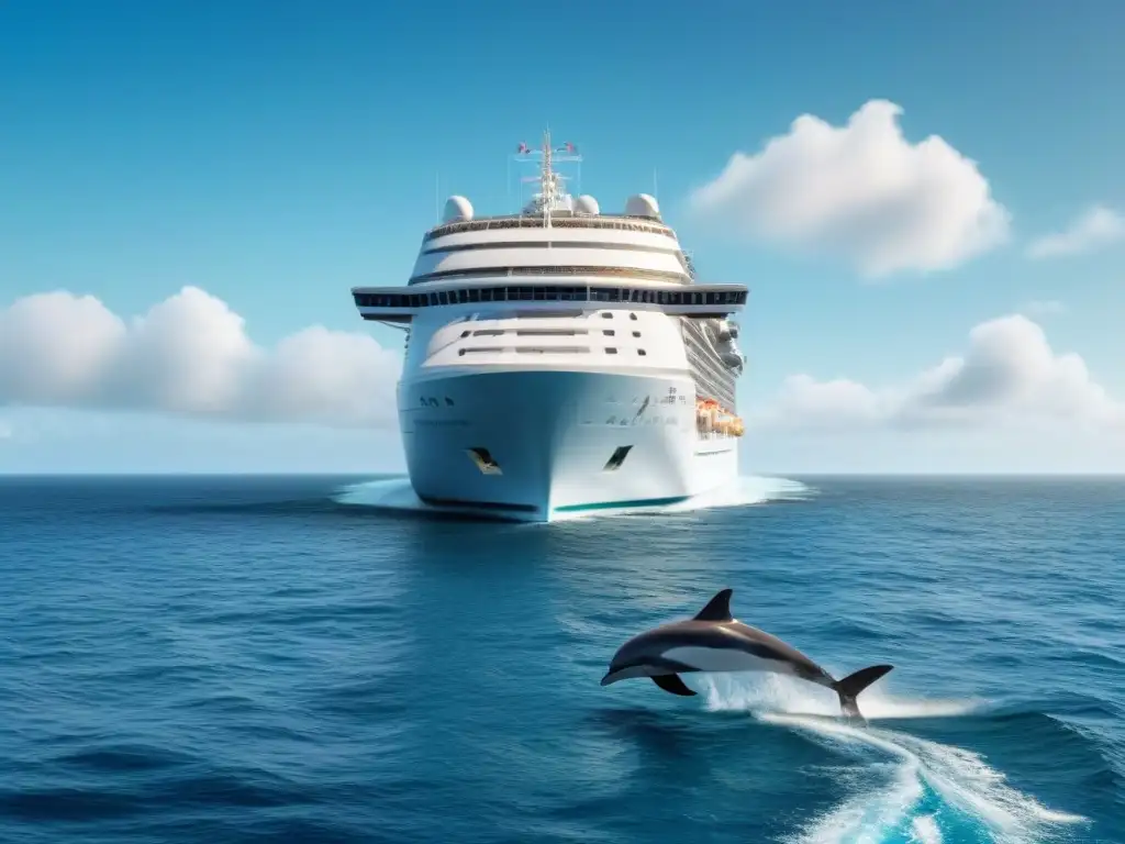 Un crucero ecológico navegando en aguas cristalinas con delfines saltando, bajo un cielo azul