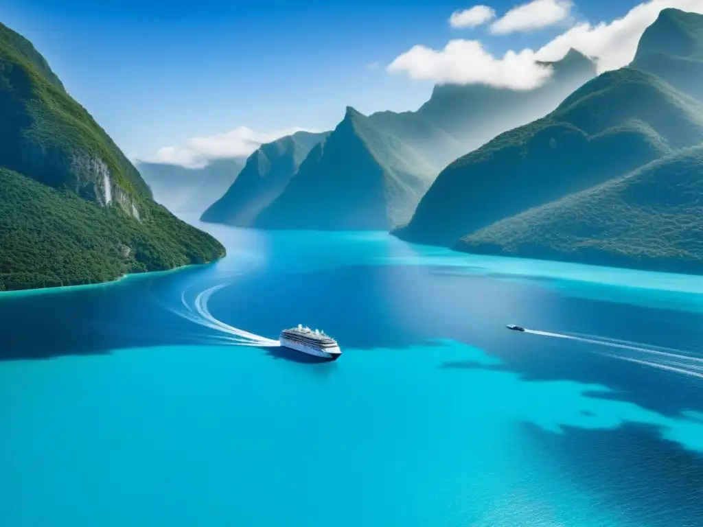 Un crucero ecológico navegando en aguas turquesa, rodeado de montañas verdes y cielo azul