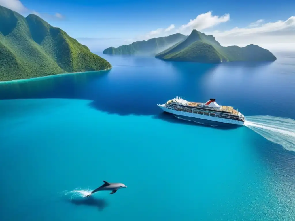 Un crucero ecológico en aguas turquesa, rodeado de delfines y peces coloridos, bajo un cielo azul