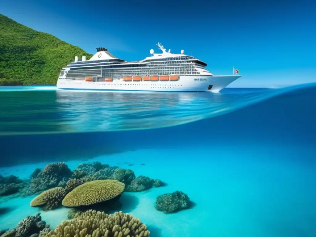 Un crucero ecológico navegando en aguas turquesas con paneles solares y vegetación