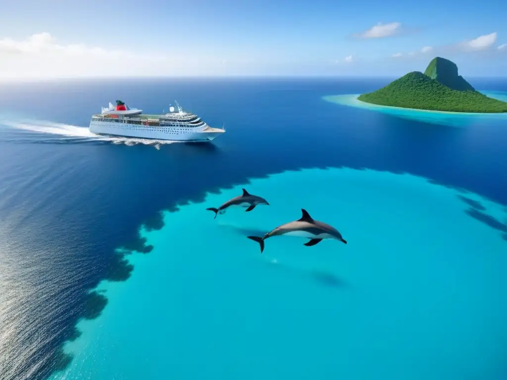 Un crucero ecológico navega en aguas turquesas rodeado de islas verdes y arrecifes de coral, mientras delfines juegan