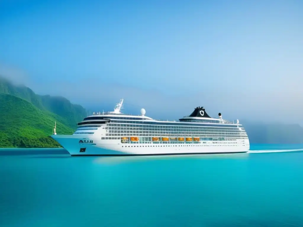 Un crucero ecológico navega en aguas turquesas, rodeado de islas verdes y cielo azul