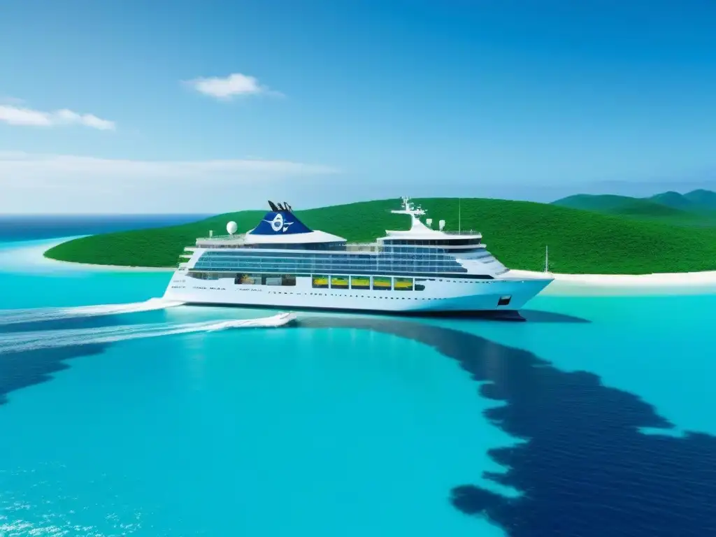 Un crucero ecológico surca aguas turquesas con vida marina y islas verdes al fondo, destacando su diseño sostenible