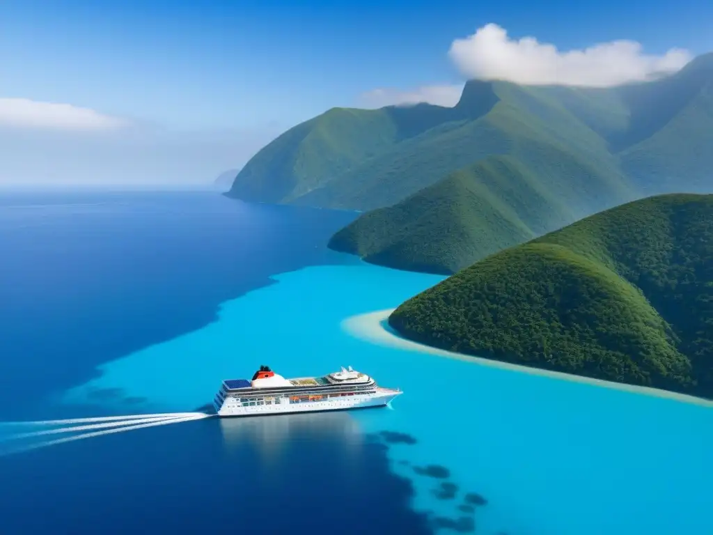 Un crucero ecológico para conservación navega en aguas turquesas, rodeado de montañas verdes bajo un cielo azul claro