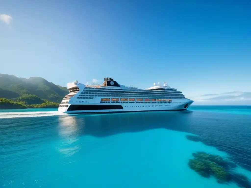 Un crucero ecológico en aguas turquesas rodeado de exuberante vegetación, reflejando iniciativas de conservación marina