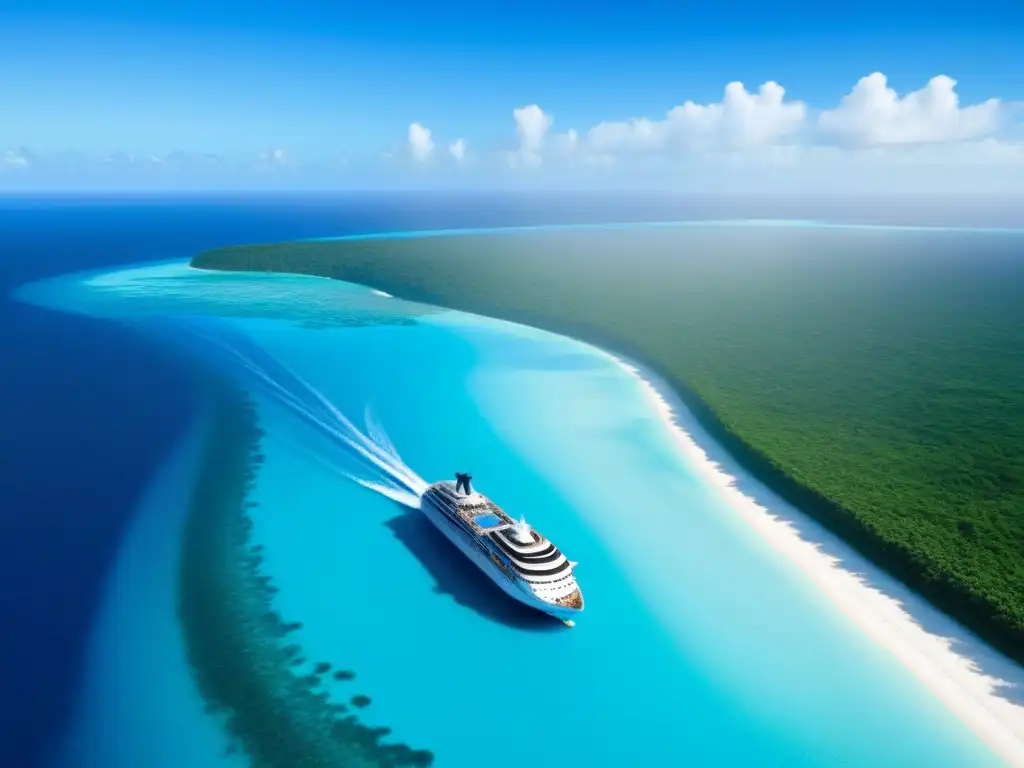 Un crucero ecológico navegando entre aguas turquesas, rodeado de naturaleza exuberante y arrecifes de coral vibrantes