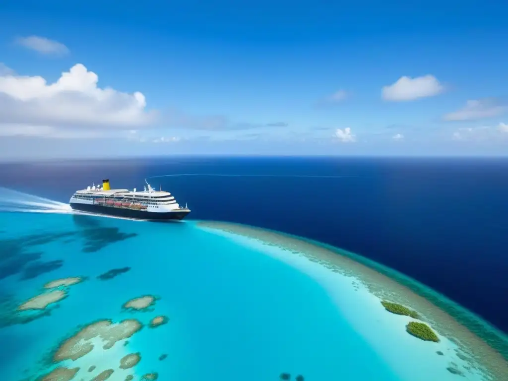 Un crucero ecológico surca aguas turquesas, rodeado de islas verdes y un arrecife vibrante