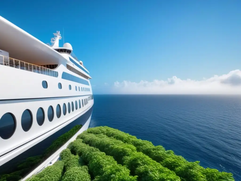 Un crucero ecológico con arquitectura innovadora y naturaleza integrada en el diseño, navegando en un mar sereno bajo cielos azules