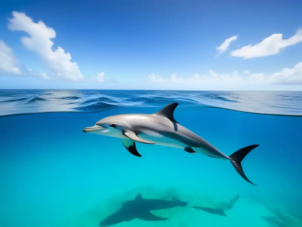 Un crucero ecológico apoya conservación marina: un barco moderno surca aguas turquesas, rodeado de delfines juguetones saltando