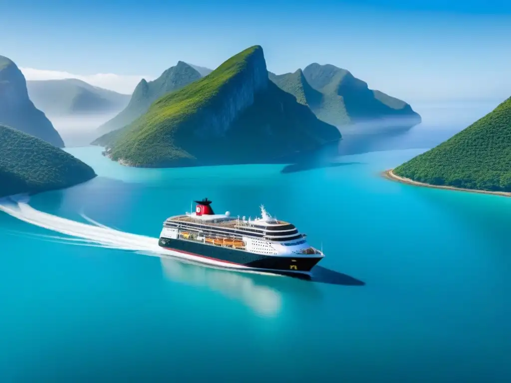 Crucero ecológico: navegando hacia un futuro sostenible Un crucero ecológico reduciendo emisiones navega elegantemente en aguas turquesa, bajo un cielo azul y montañas verdes