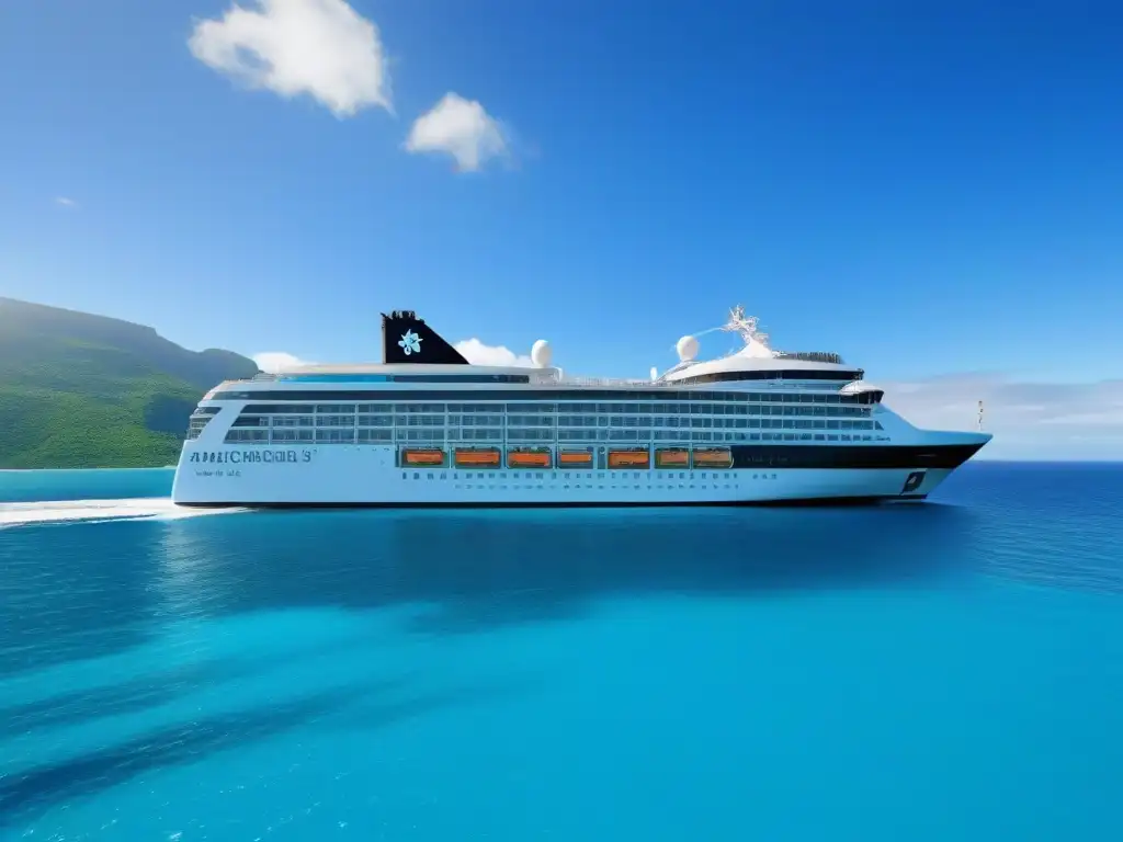 Crucero ecológico: navegando hacia un futuro sostenible Un crucero ecológico reduciendo emisiones navegando en aguas turquesas, con diseño sostenible y paisaje natural