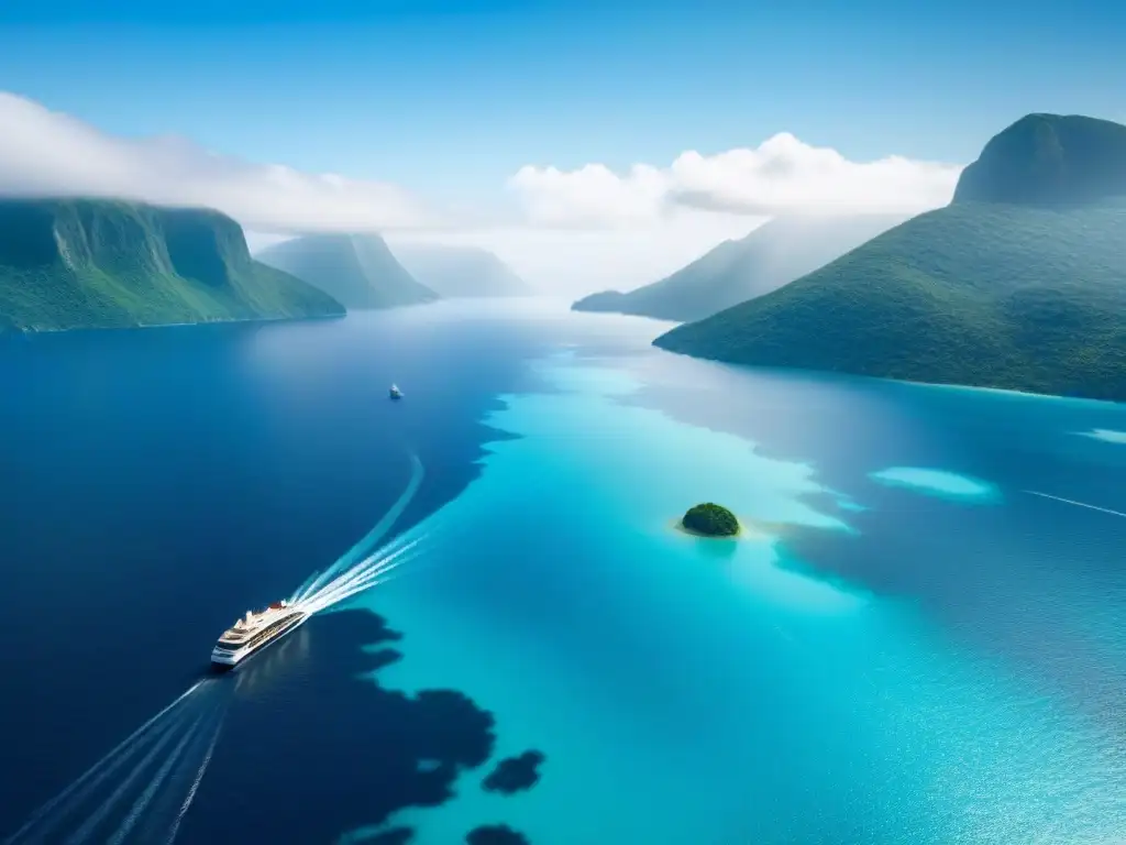Crucero ecoamigable: innovación y sostenibilidad en alta mar Un crucero ecológico reduciendo emisiones navega en aguas cristalinas, bajo el sol brillante