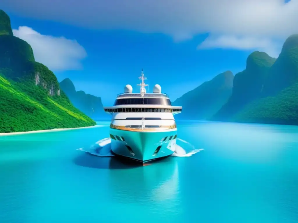 Crucero ecológico navegando en aguas turquesa Un crucero ecológico reduciendo emisiones navega entre islas verdes bajo un cielo azul