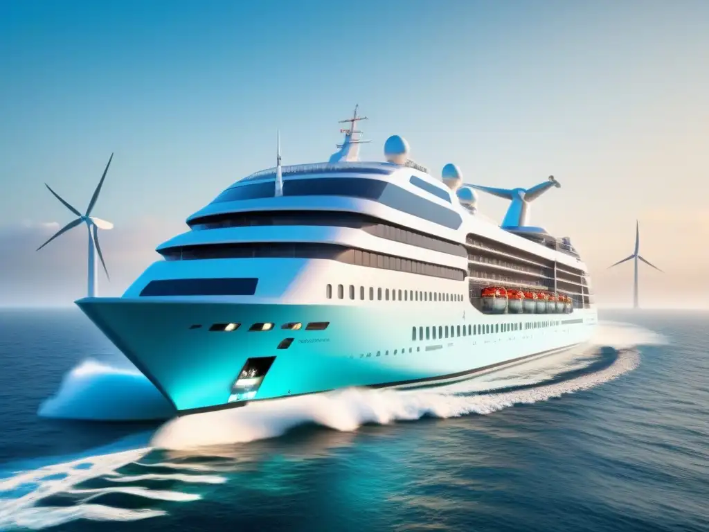 Un crucero ecológico de energía eólica navega con elegancia en aguas cristalinas bajo un cielo despejado