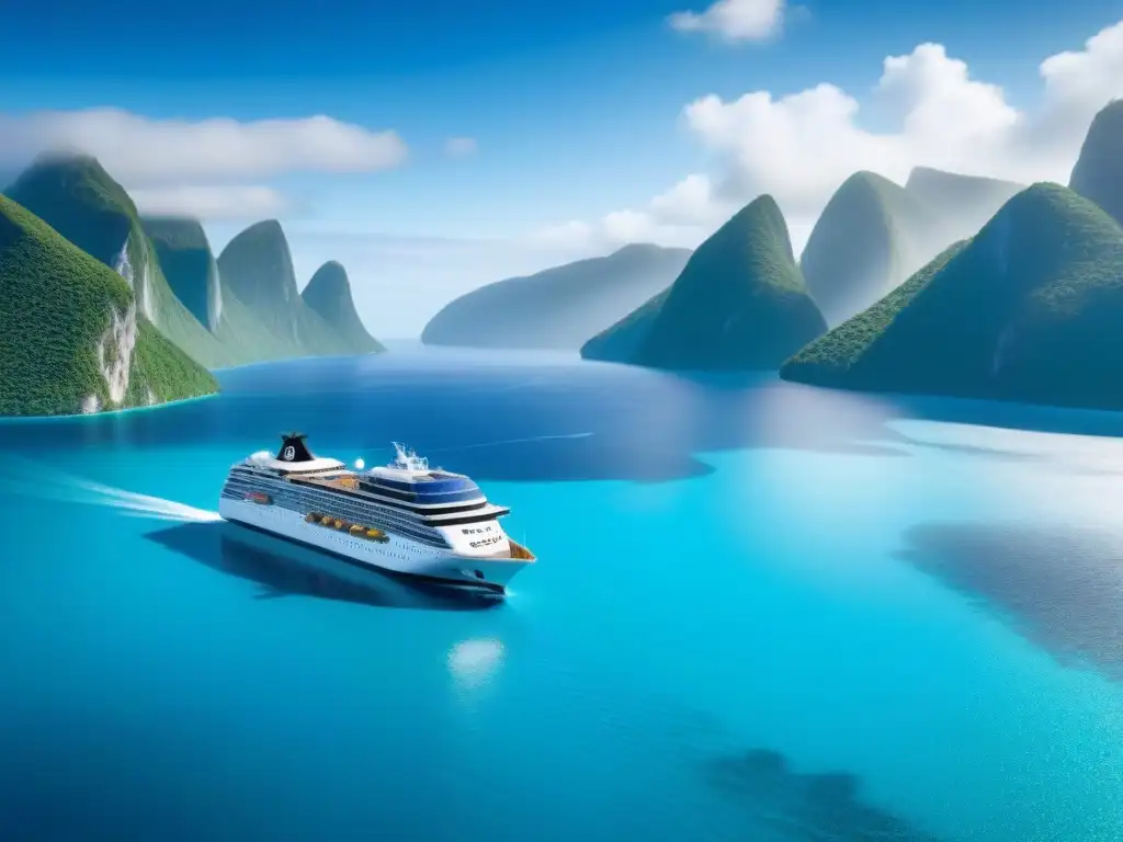 Un crucero ecológico de diseño futurista surcando aguas turquesas rodeado de islas verdes bajo un cielo azul