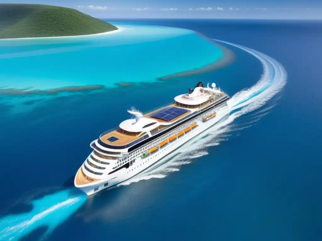 Un crucero ecológico de diseño futurista navegando en aguas cristalinas, con paneles solares y turbinas eólicas