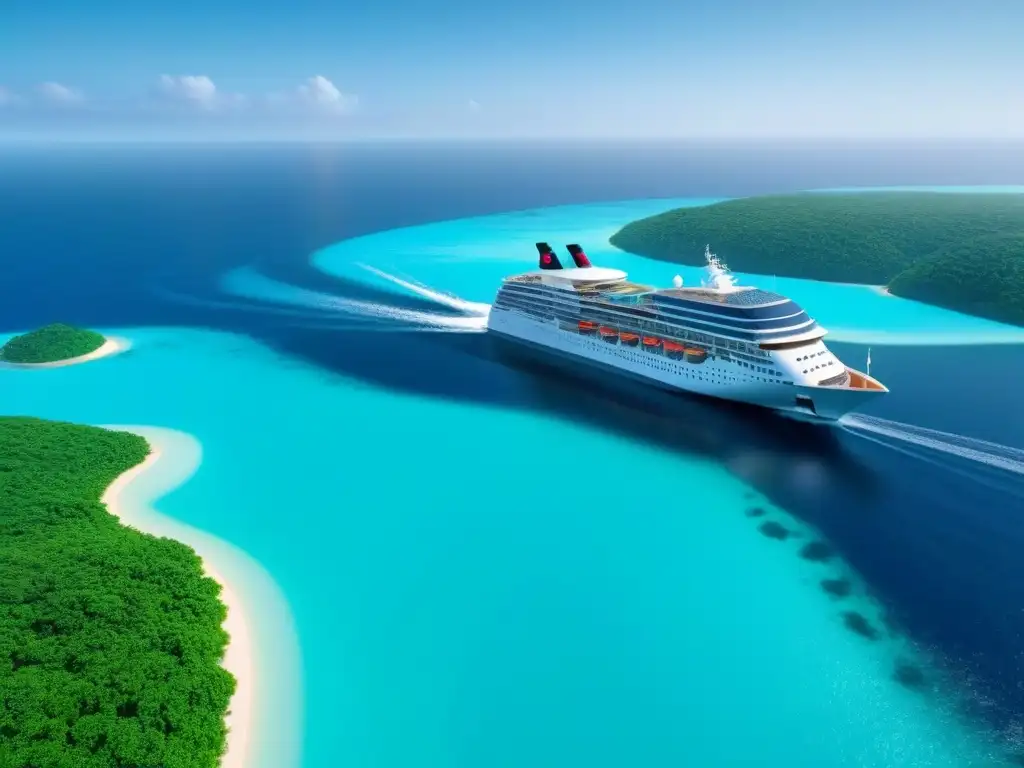 Un crucero ecológico de diseño futurista navegando en aguas turquesas rodeado de naturaleza exuberante