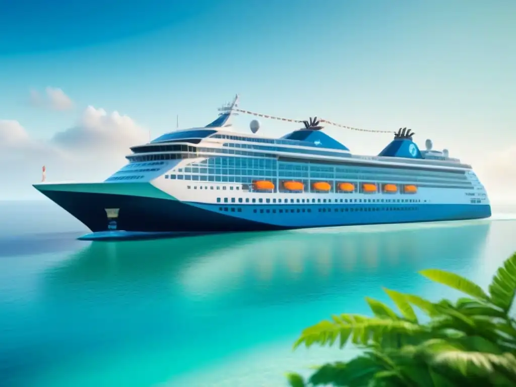 Un crucero ecológico futurista surcando aguas cristalinas, rodeado de exuberante vegetación costera